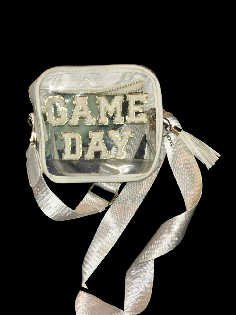 White & CLEAR Crossbody Bag with GAME DAY Letterman Embellishment.